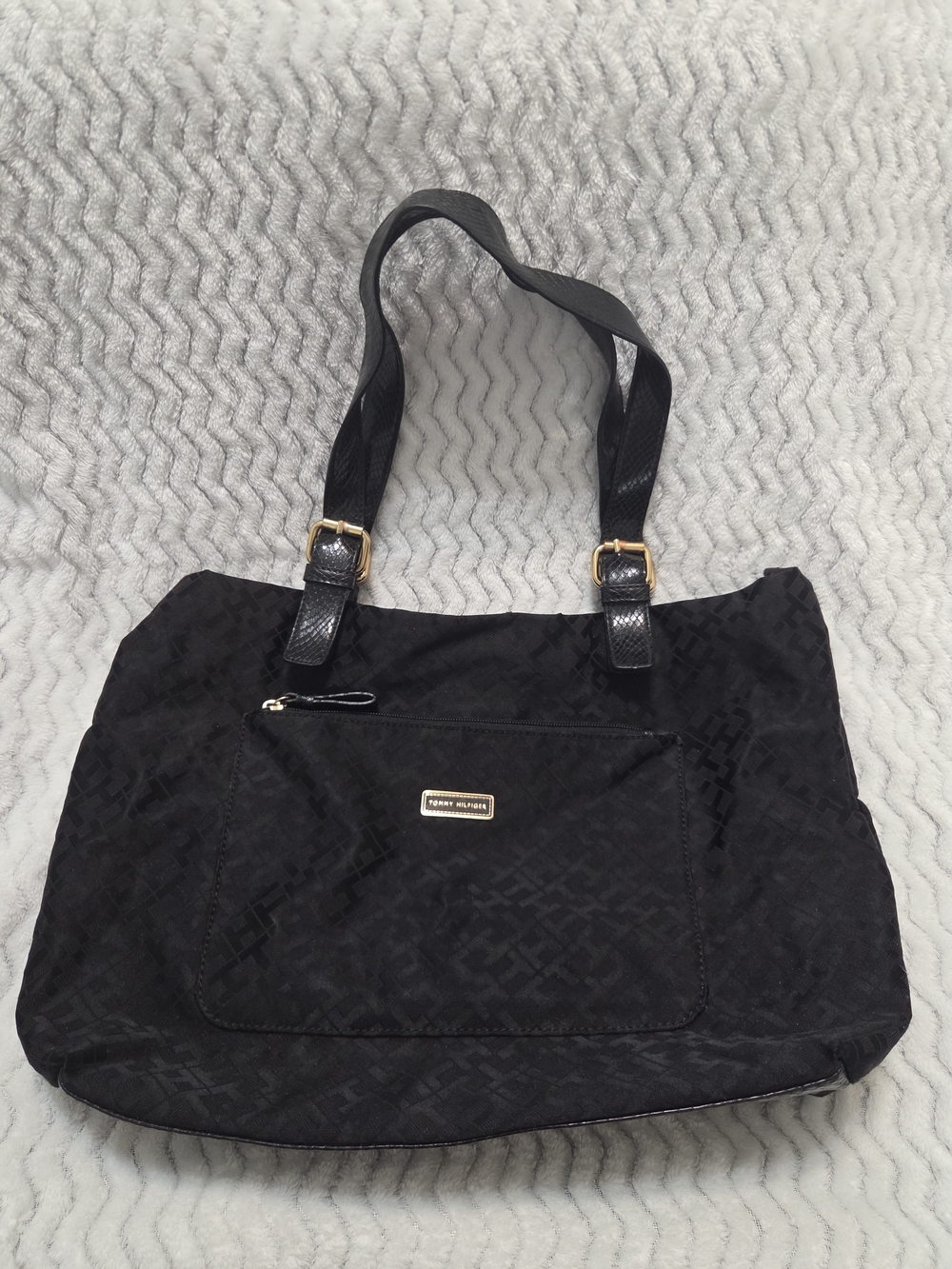 Tommy Hilfiger Black Quilted Logo Tote with Gold Hardware